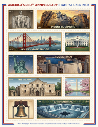 America's 250th Anniversary Stamp Style Sticker Sheets (20 Unique Stamp Style Stickers Included)