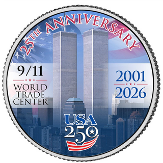 9/11 25th Anniversary and USA 250th Anniversary JFK Half Dollar featuring Twin Towers and commemorative text.