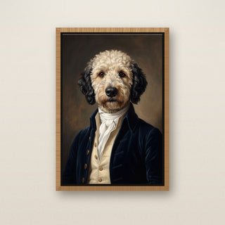 The Founding Father pet portrait in natural wood frame