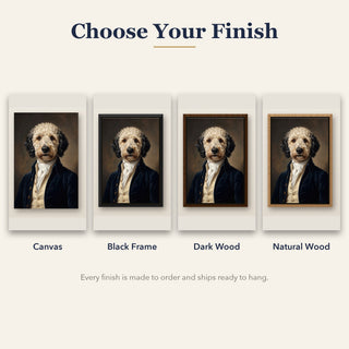 The Founding Father finish options: canvas, black frame, dark wood frame, natural wood frame