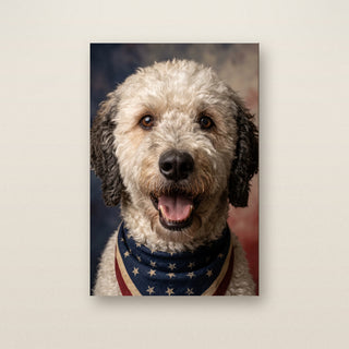 The Patriot custom pet portrait canvas - your pet in a stars bandana on a navy, cream and red background