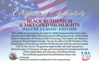 Certificate of Authenticity (back) - America's 250th Anniversary Trump $1 Coin - 24K Gold & Black Ruthenium Edition
