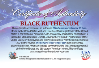 Certificate of Authenticity (back) - America's 250th Anniversary Trump $1 Coin - Black Ruthenium Edition