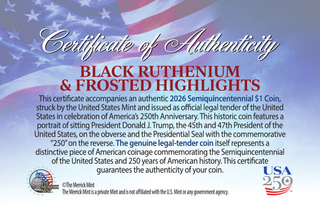 Certificate of Authenticity (back) - America's 250th Anniversary Trump $1 Coin - Black Ruthenium & Silver Edition