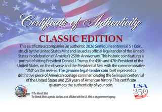 Certificate of Authenticity (back) - 2026 Semiquincentennial Trump $1 Coin - Classic Edition