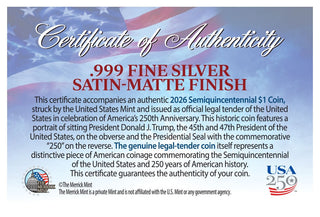 Certificate of Authenticity (back) - 2026 Trump $1 Coin - .999 Fine Silver Satin-Matte Finish