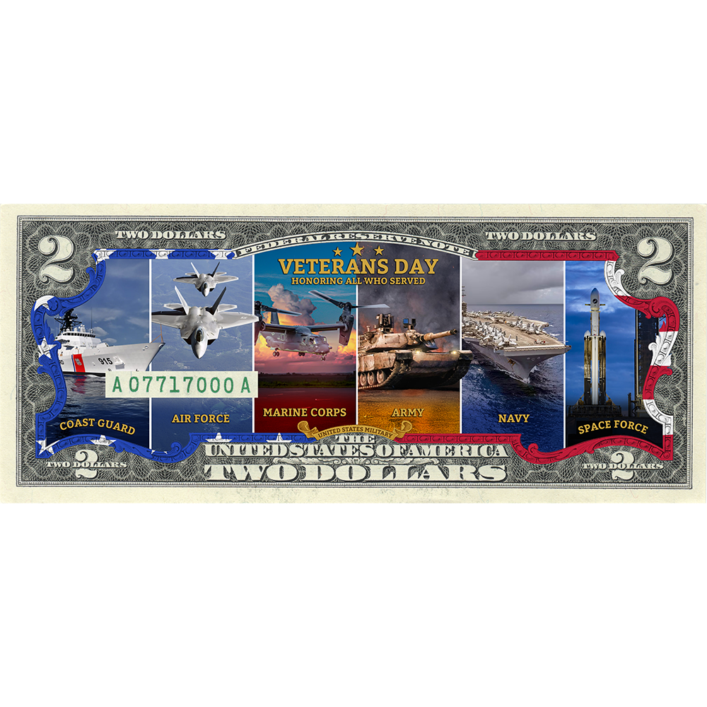 [FLAG BORDER] Veterans Day 2025 - Genuine Legal Tender U.S. $2 Bill (250 Available & Individually Numbered)