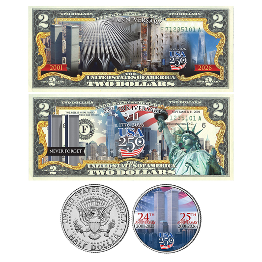 9/11 25th Anniversary + America's 250th Anniversary Coin & $2 Bill Bundle