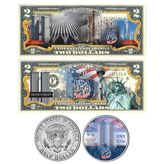 9/11 25th Anniversary + America's 250th Anniversary Coin & $2 Bill Bundle