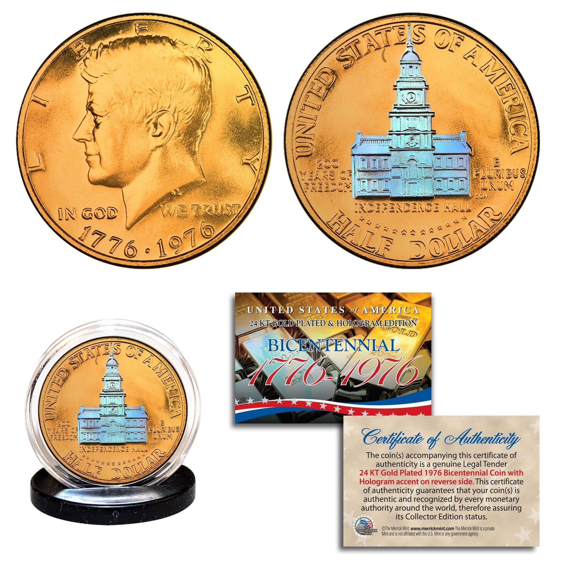 "1976 Independence" Hologram - Bicentennial 24K Gold Half Dollar - Proud Patriots