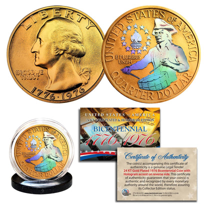 "1976 Independence" Hologram - Bicentennial 24K Gold Quarter - Proud Patriots