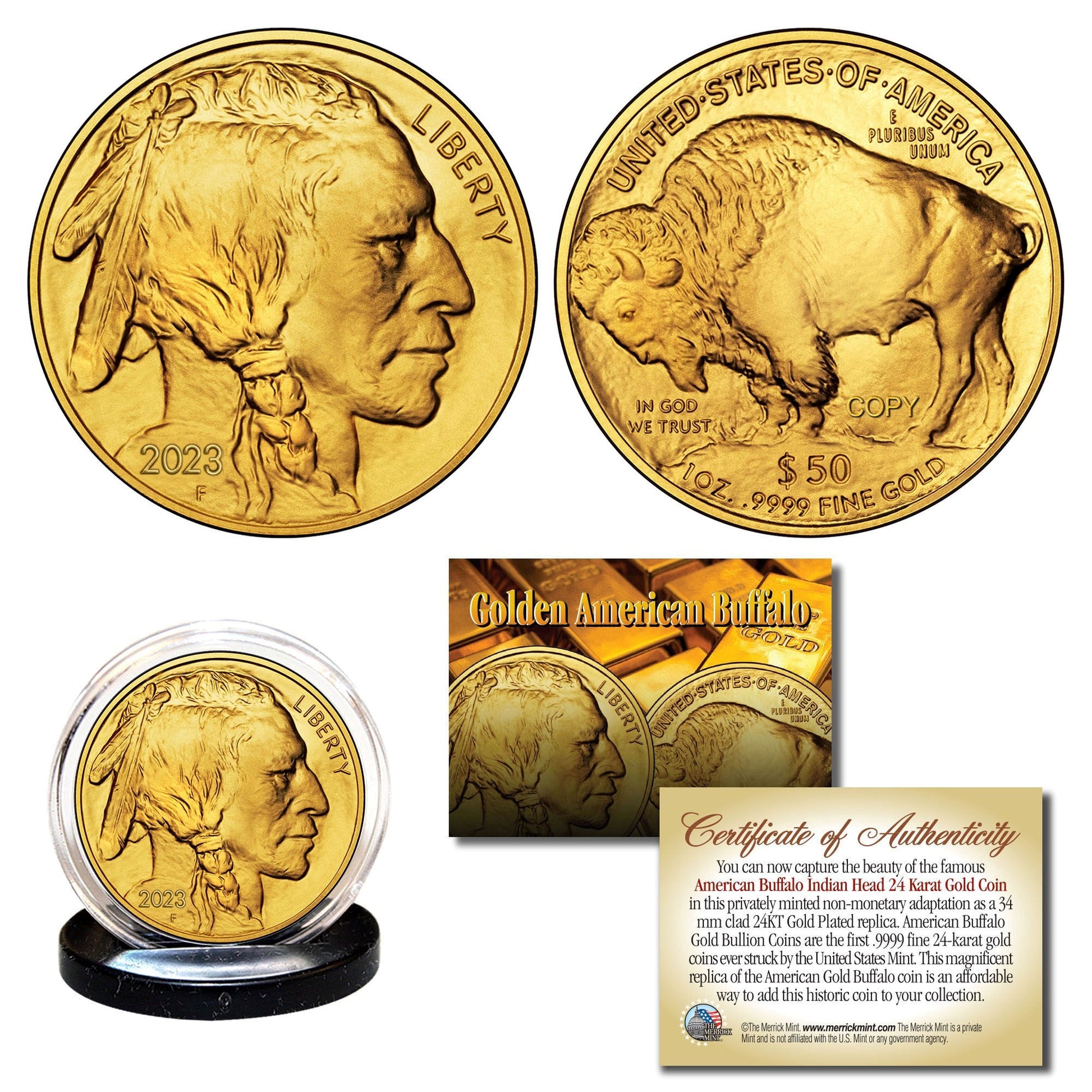 2023 24K Gold Clad $50 AMERICAN GOLD BUFFALO Indian Head TRIBUTE Coin - Proud Patriots