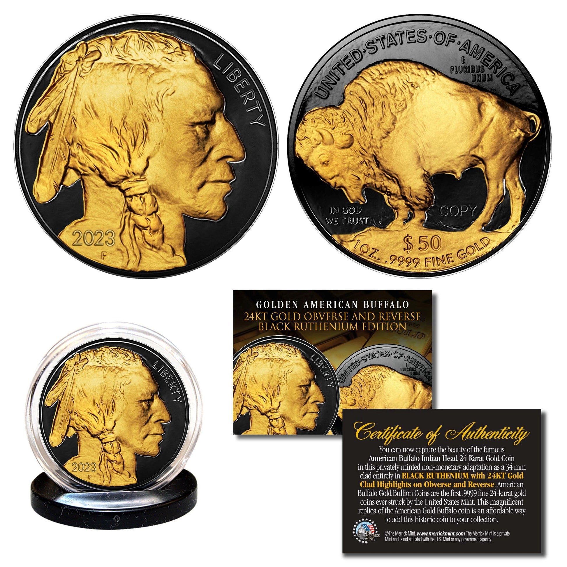 2023 24K Gold Clad/Black Ruthenium $50 AMERICAN GOLD BUFFALO Indian Head TRIBUTE Coin - Proud Patriots