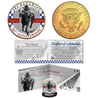 24K Gold Secretariat 50th Anniversary 1973-2023 Triple Crown Horse Racing Famous Belmont Stakes Down the Stretch Photo JFK Coin - Proud Patriots