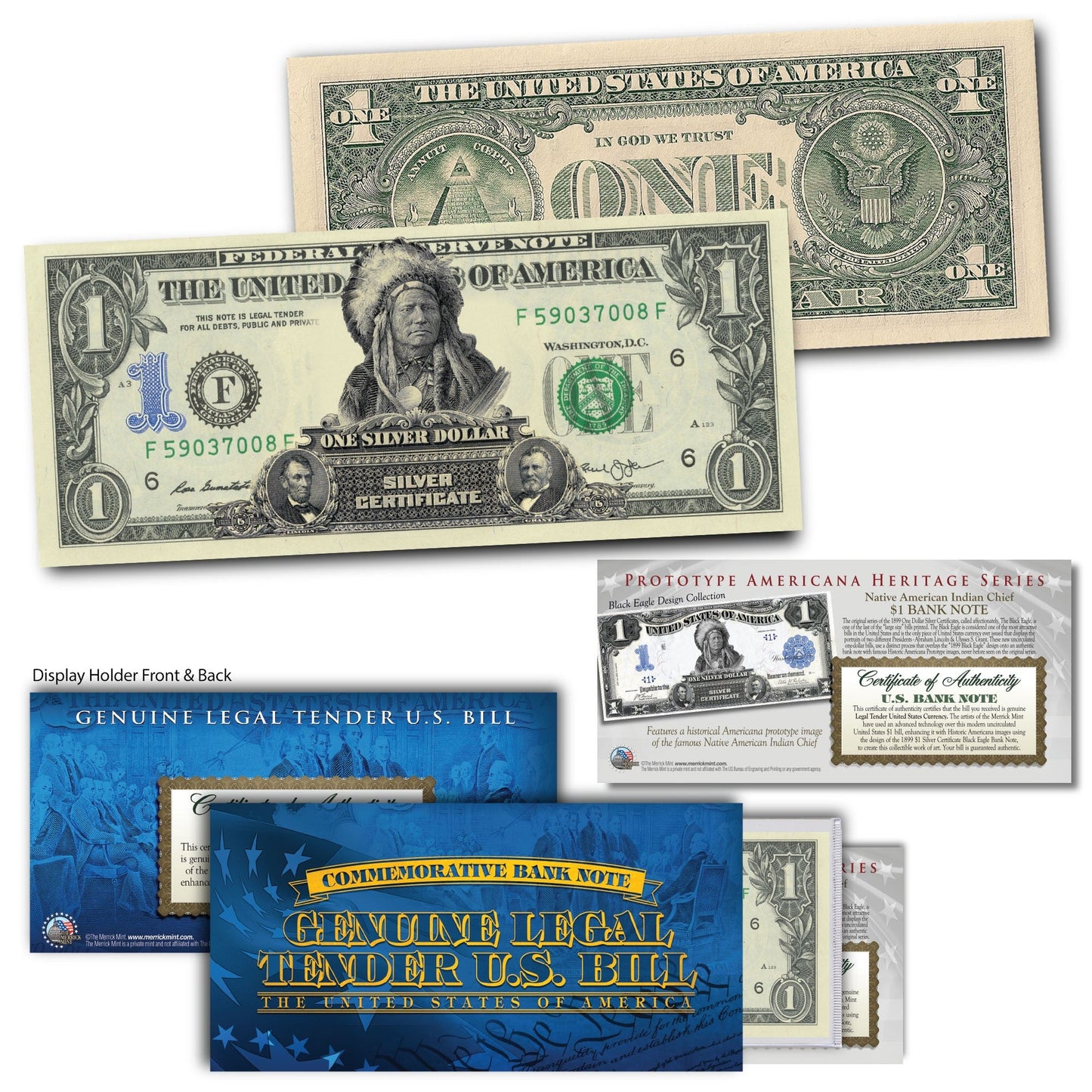 Americana Heritage Series (1 of 5) | Native American Indian Chief PROTOTYPE 1899 Black Eagle on Modern Genuine US $1 Bill - Proud Patriots