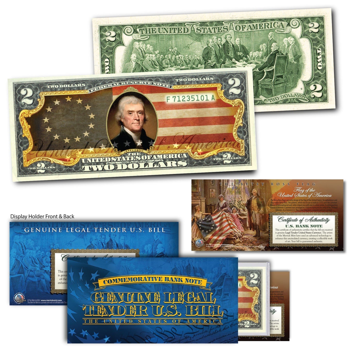 "Betsy Ross Flag" - Genuine Legal Tender U.S. $2 Bill - Proud Patriots