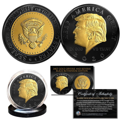 Donald Trump 2020 "Keep America Great" Black ruthenium & 24K Gold tribute coin - Unicorn Politics
