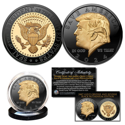 Donald Trump 2024 "Save America" Black Ruthenium & 24K Gold Clad Tribute Coin - Proud Patriots