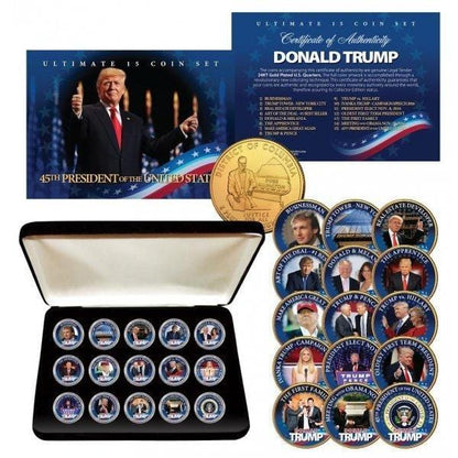 Donald Trump - Ultimate 15-Coin 24K Gold Plated Washington DC Quarter Set with Premium Display Box - Unicorn Politics Shop