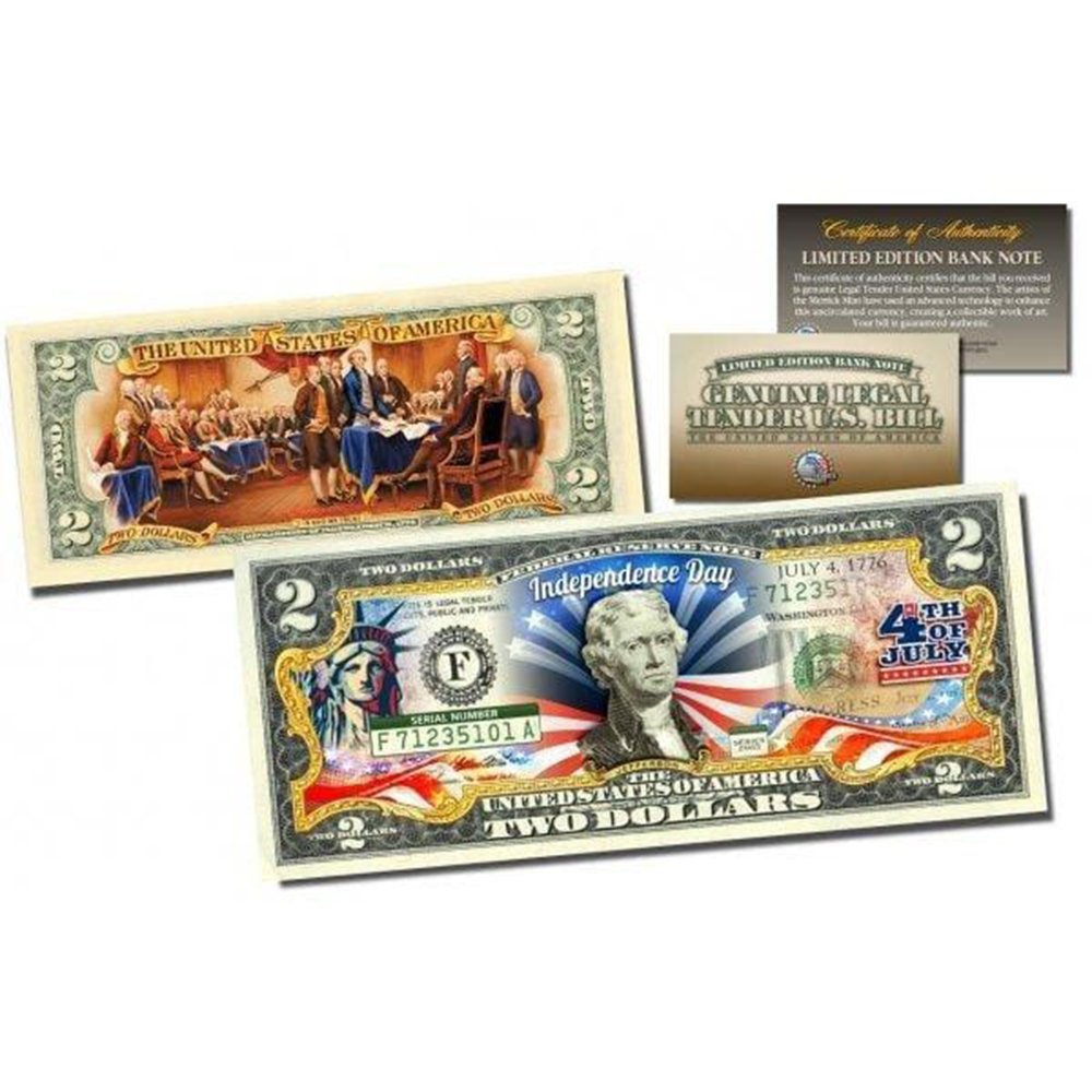 July 4th Independence Day *2-Sided* Official Genuine Legal Tender $2 U.S. Bill - Proud Patriots