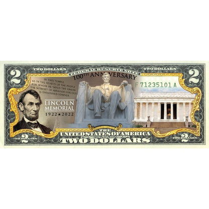 Lincoln Memorial 100th Anniversary - Genuine Legal Tender U.S. $2 Bill - Proud Patriots