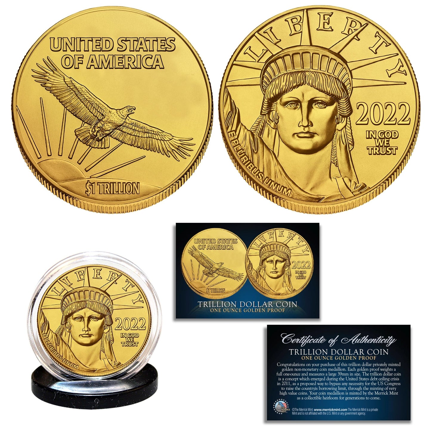 One Trillion Dollar Coin Proof Golden tribute 39mm Coin 1-Ounce - Proud Patriots