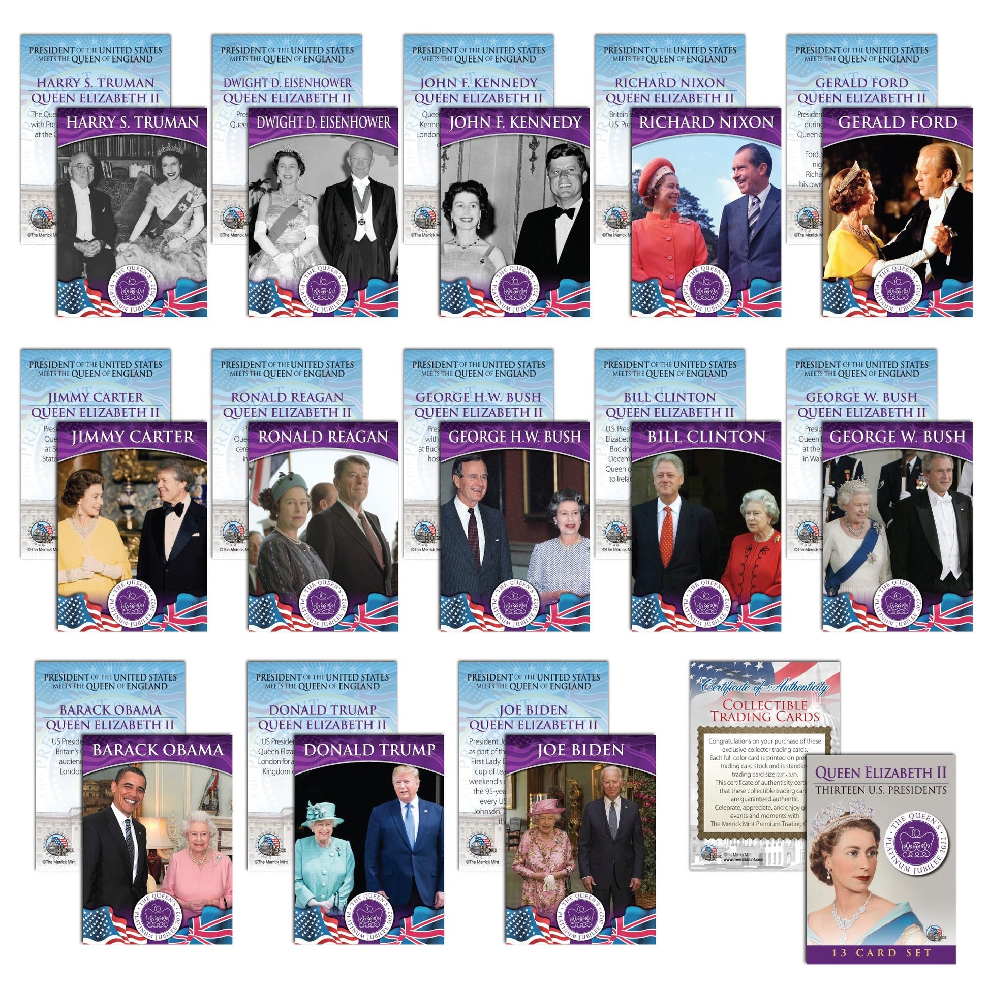 Premium commemorative 13-Card Set featuring Queen Elizabeth II meeting with 13-US presidents - Proud Patriots