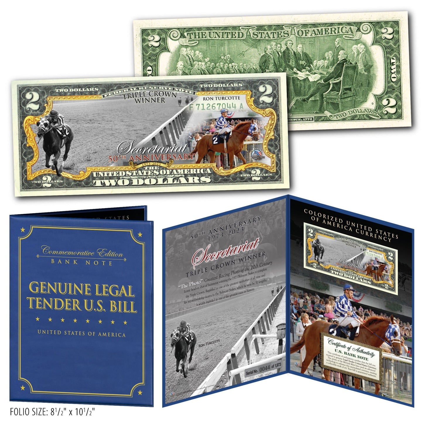 Secretariat 50th Anniversary 1973-2023 Triple Crown Horse Racing Famous Down the Stretch Photo $2 Bill in 8 x 10 Display Folio Limited # of 1,973 - Proud Patriots