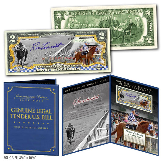 Secretariat 50th Anniversary 1973-2023 Triple Crown Horse Racing Famous Down the Stretch Photo Autographed by Jockey Ron Turcotte $2 Bill in 8 x 10 Display Folio- Limited # of 250 - Proud Patriots