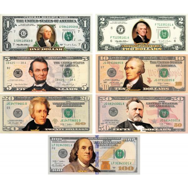Set of all 7 - COLORIZED 2-SIDED U.S. Bills Currency $1 / $2 / $5 / $10 /$20 / $50 / $100 - Proud Patriots