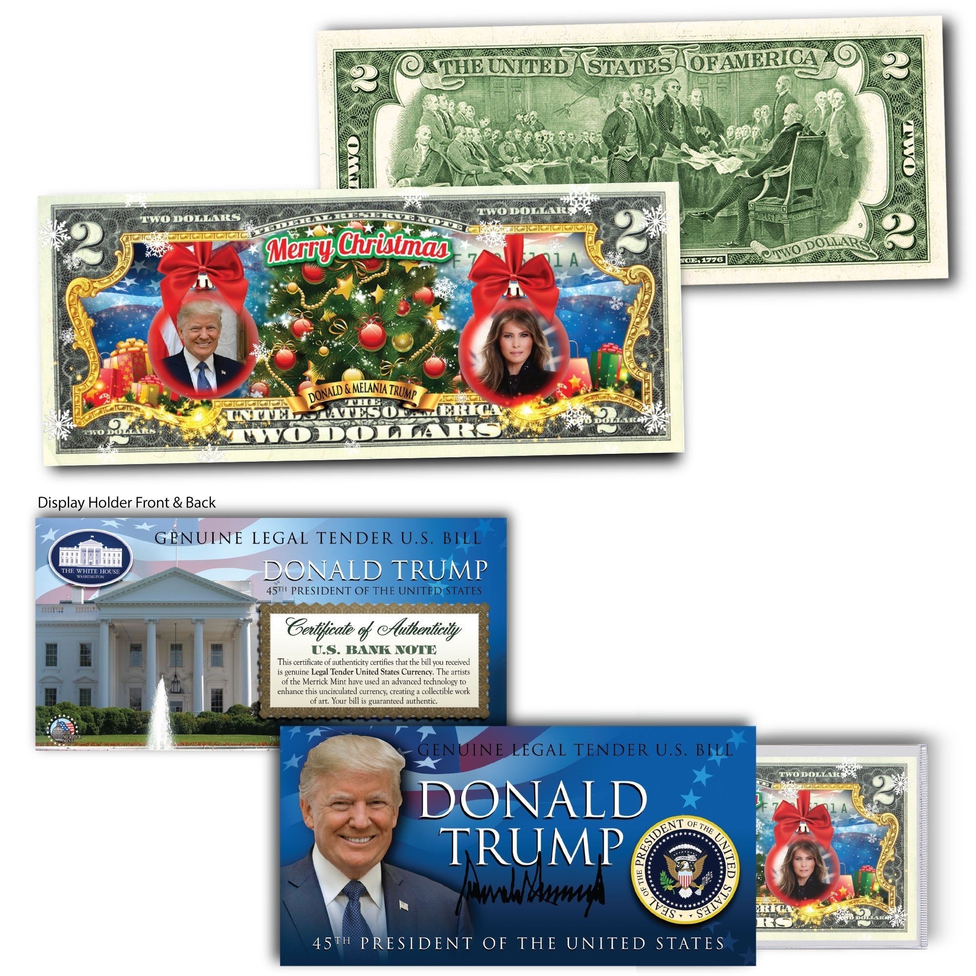 "Donald & Melania Trump "Christmas Ornament" U.S. 2 Bill Proud
