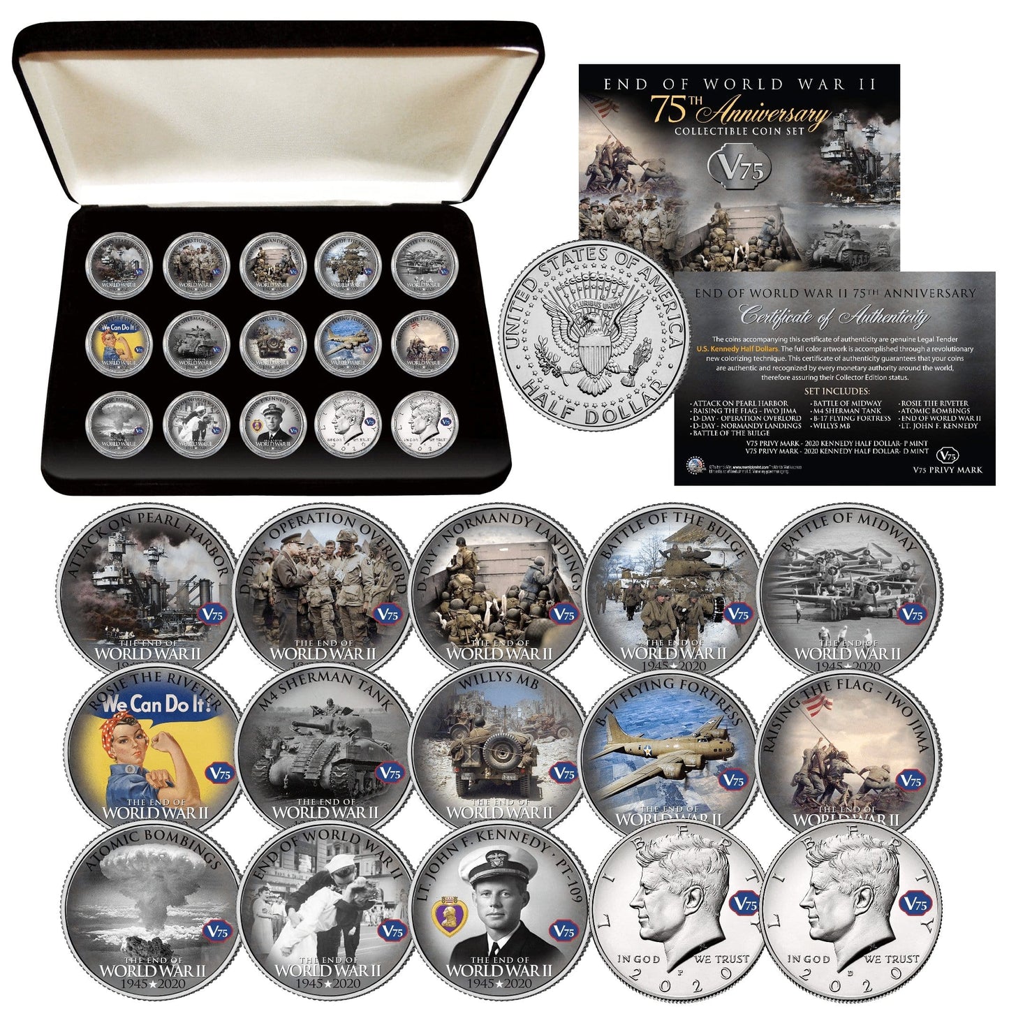"WWII 75th Anniversary " Authentic JFK Half Dollar 15-coin set - Proud Patriots